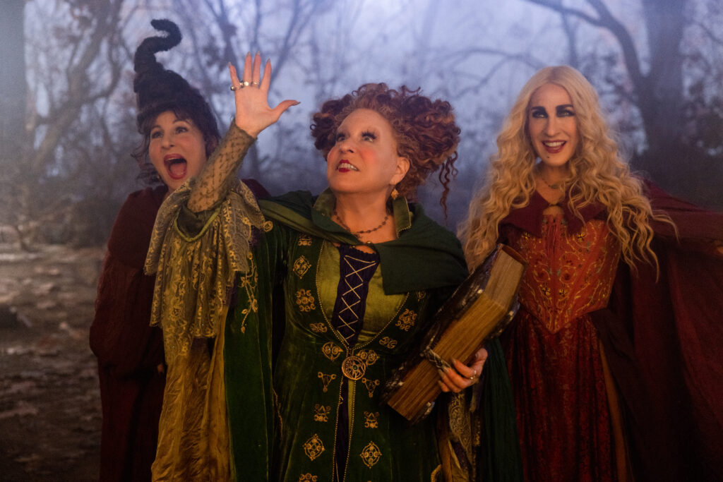 Kathy Najimy as Mary Sanderson, Bette Midler as Winifred Sanderson, and Sarah Jessica Parker as Sarah Sanderson in Disney's live-action HOCUS POCUS 2, exclusively on Disney+. Photo by Matt Kennedy. © 2022 Disney Enterprises, Inc. All Rights Reserved. Halloween
